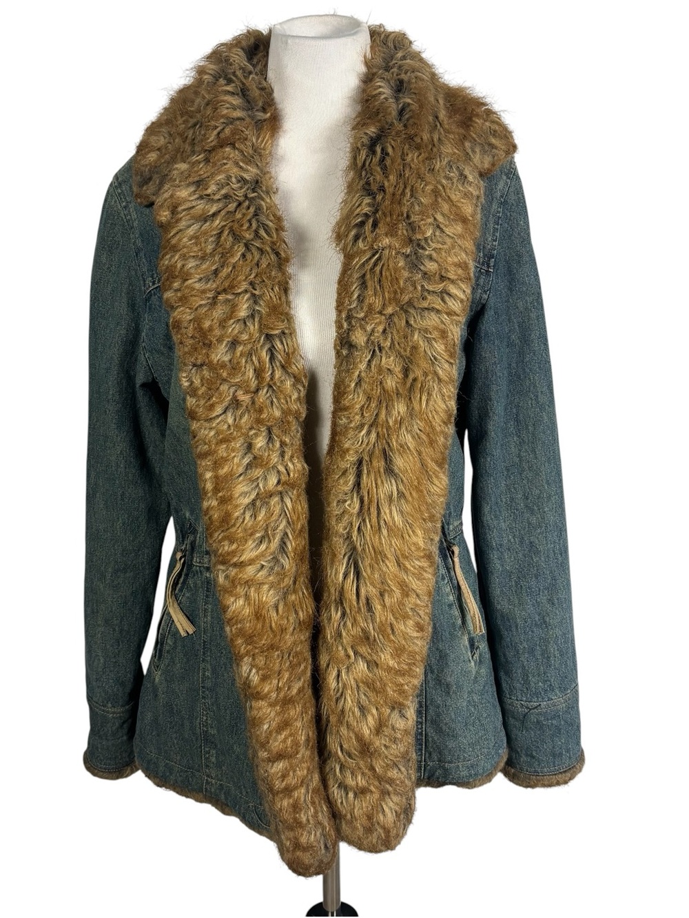Vintage Y2K MixIt Denim Faux Fur Trim Penny Lane Coat Jacket L Bratz Fairy Boho